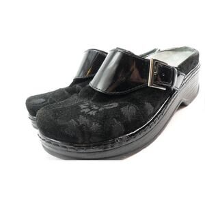 KLOGS Women Black Suede Patent Leather Embossed Slip On Mule Clogs Size 8